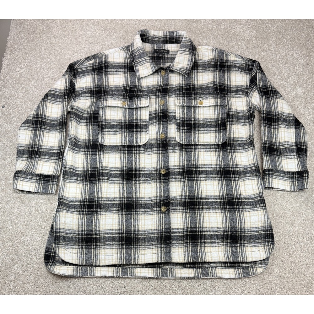 Banana Republic Shacket Women's XL Plaid Black White Tan Button-down Wool Blend